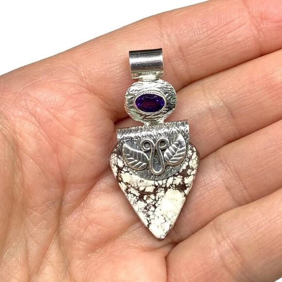 Wild Horse Jasper & Amethyst Necklace Pendant Solid 925 Sterling Silver Brown - Picture 2 of 4